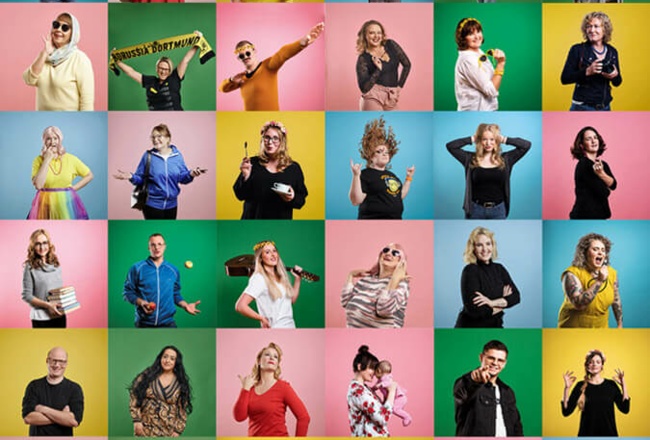 Collage für "Wir pflegen bunte Vielfalt" Mitarbeiter posen vor bunten Hintergründen
